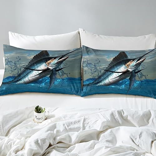Miniatura 4 de Funda de edredón verde azulado con diseño de pez espada marlin, juego de ropa de cama con temática de pesca náutica para niños, adolescentes y