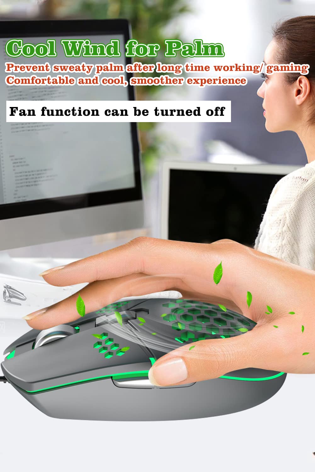 Mouse da gioco cablato con ventola, mouse per PC a nido d'ape con ventola di raffreddamento | Mouse da gioco con LED RGB per laptop, clic silenzioso e 4 livelli DPI, senza palmo sudato