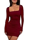 BORIFLORS Women's Sexy Ruched Bodycon Mini Dress Mesh Long Sleeve Club Party Short Dresses X-Small Wine Red