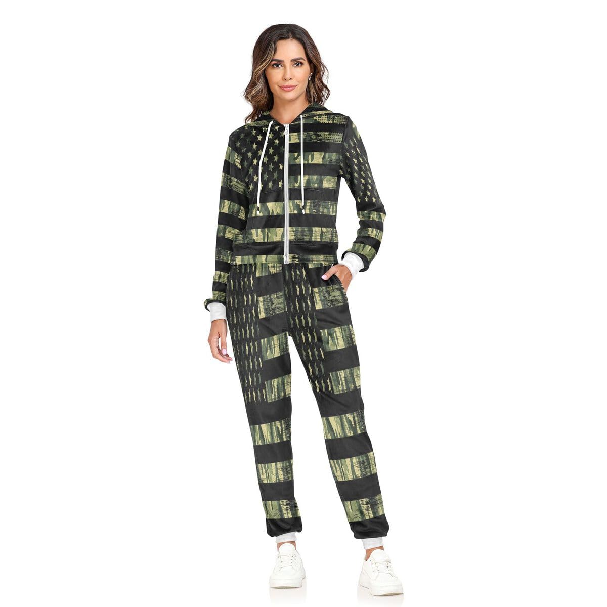 Conjunto deportivo de 2 piezas para mujer, diseño de bandera estadounidense, de manga larga, diseño de camuflaje