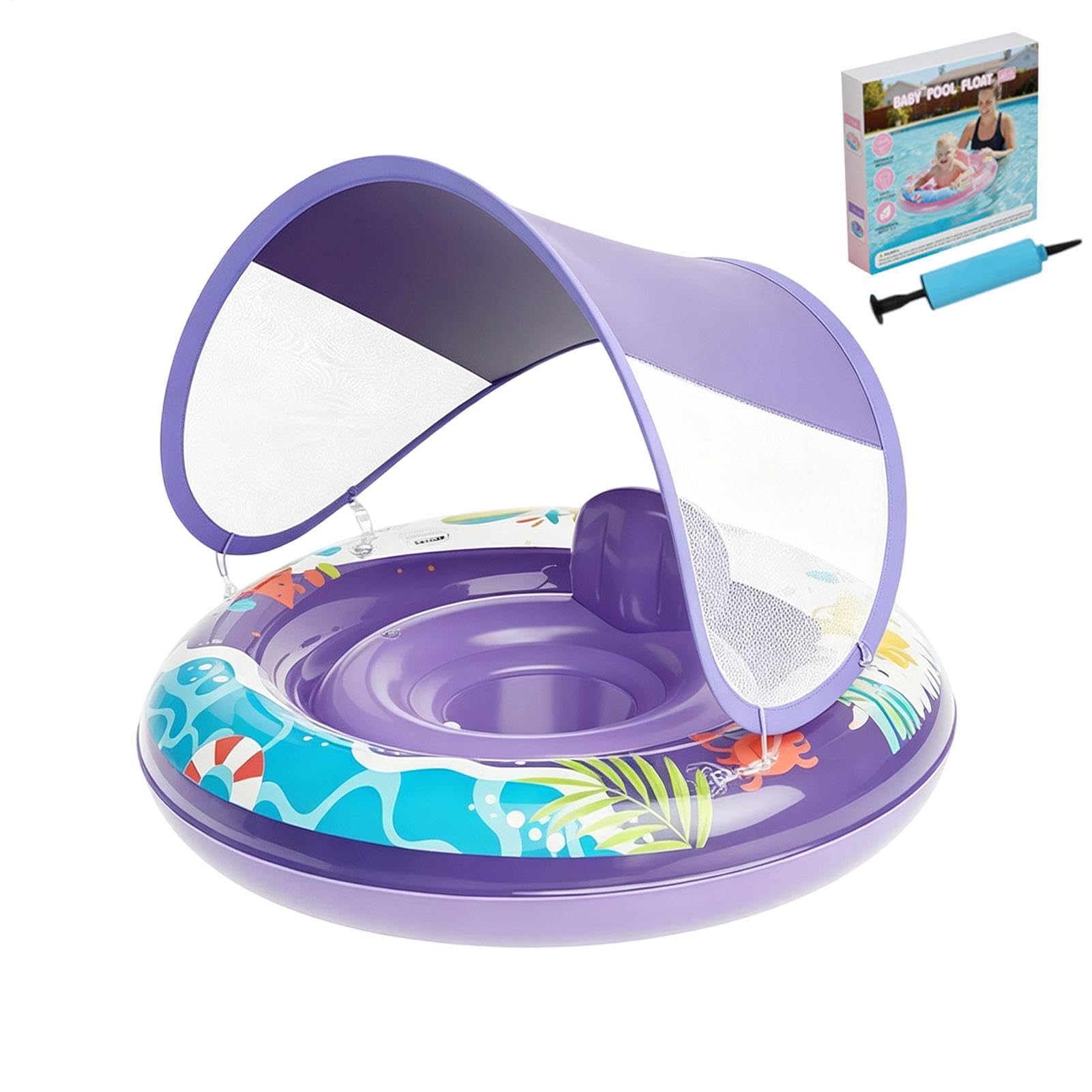 Flotador de piscina para niños, anillo de natación hinchable con toldo extraíble, ayuda de natación para niños, para fiestas de verano en río, juegos al aire libre, juegos de surf y agua