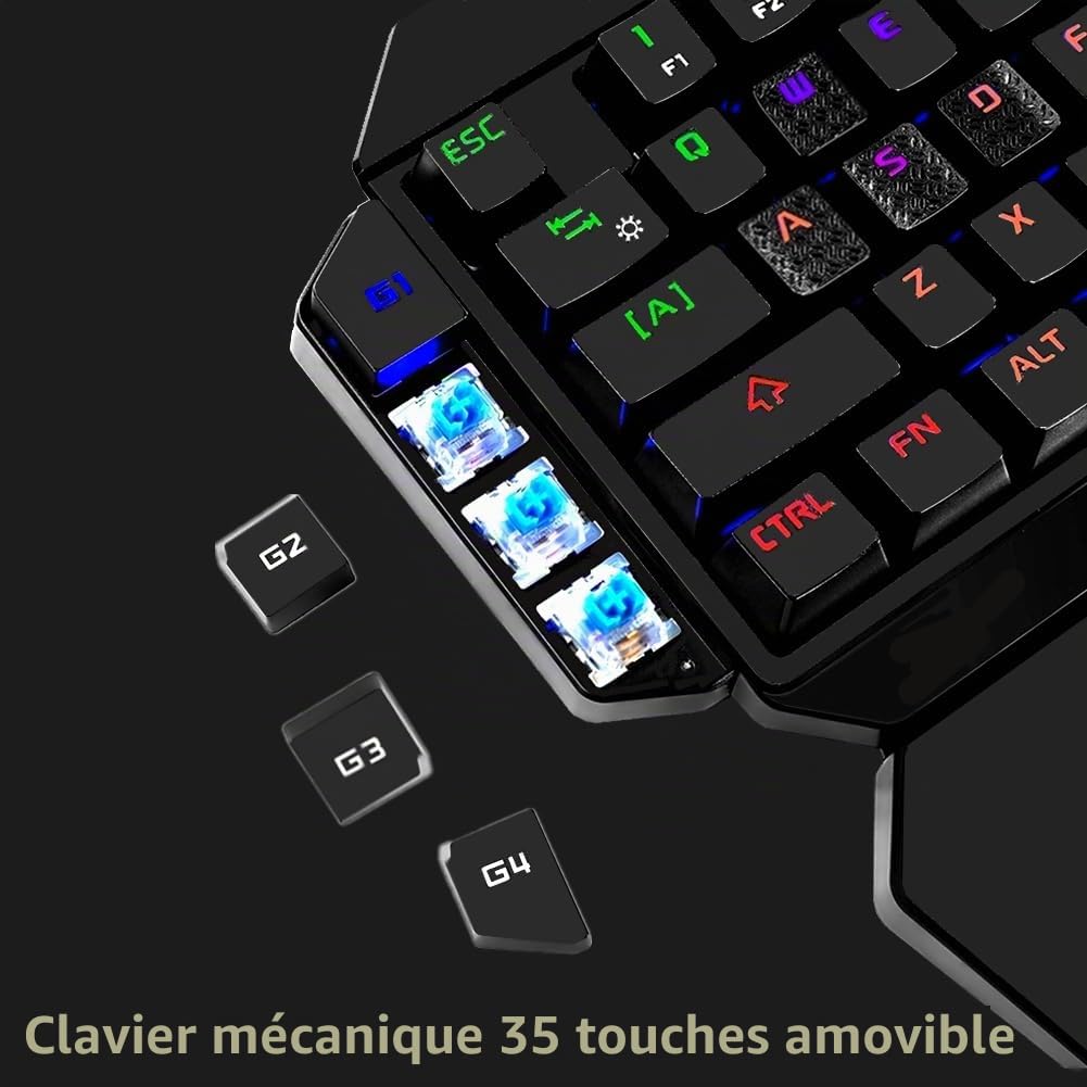 Clavier de jeu mécanique RVB à une main, rétroéclairé coloré, repose-poignet, clavier mécanique professionnel filaire USB à une main pour jeu