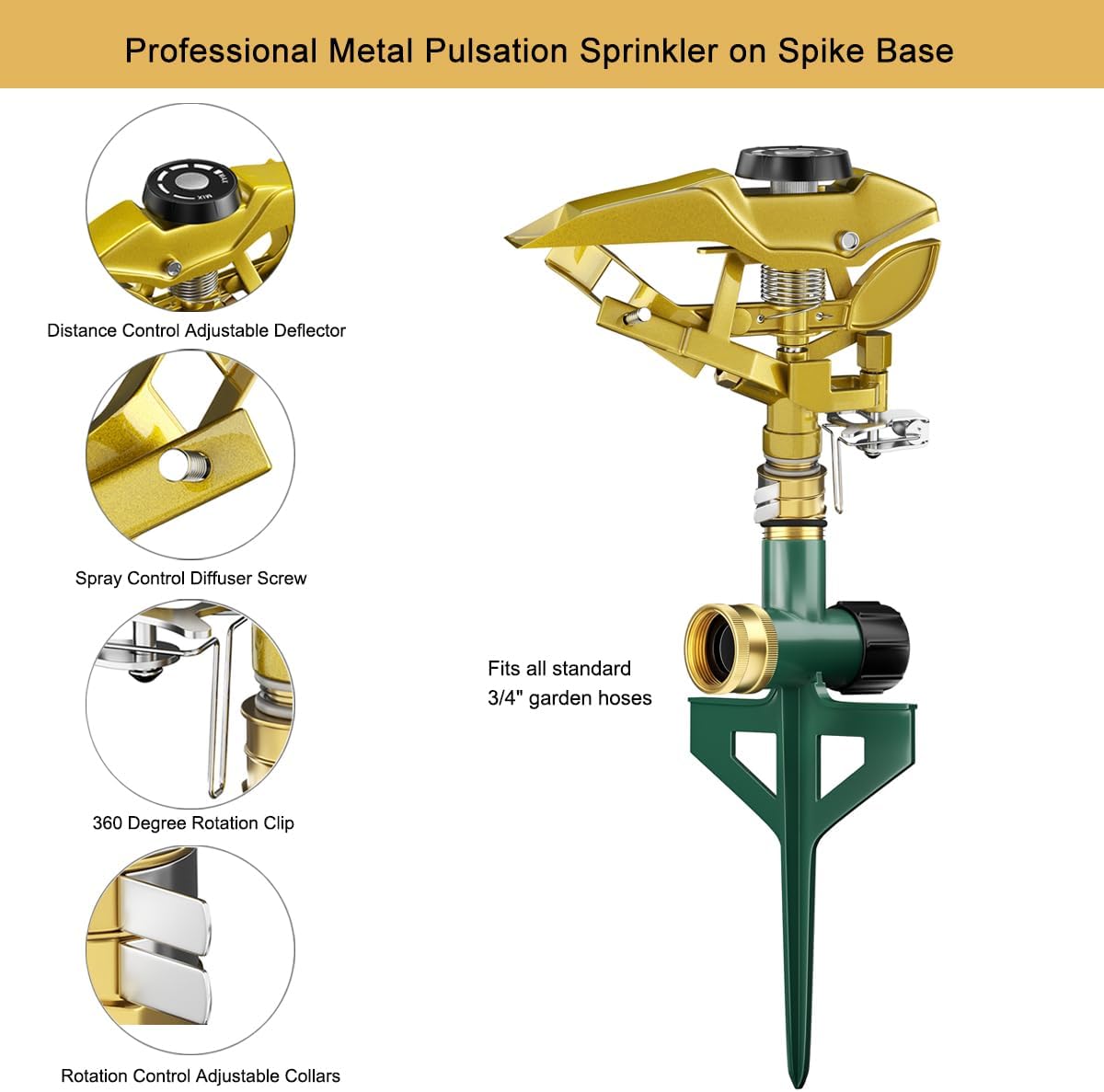 FANHAO Heavy Duty Pulsating Impact Sprinkler on Spike Base, 100% Metal Impact Sprinkler with 360° Adjustable Spray Pattern for Large Area Lawn & Yard Irrigation, Covers Up to 5800 sq. Ft