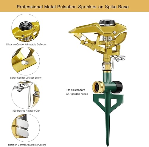 Miniatura 3 de FANHAO Rociador de césped pulsante resistente sobre base de estco, rociador de impacto 100% metálico con patrón de pulverización ajustable para