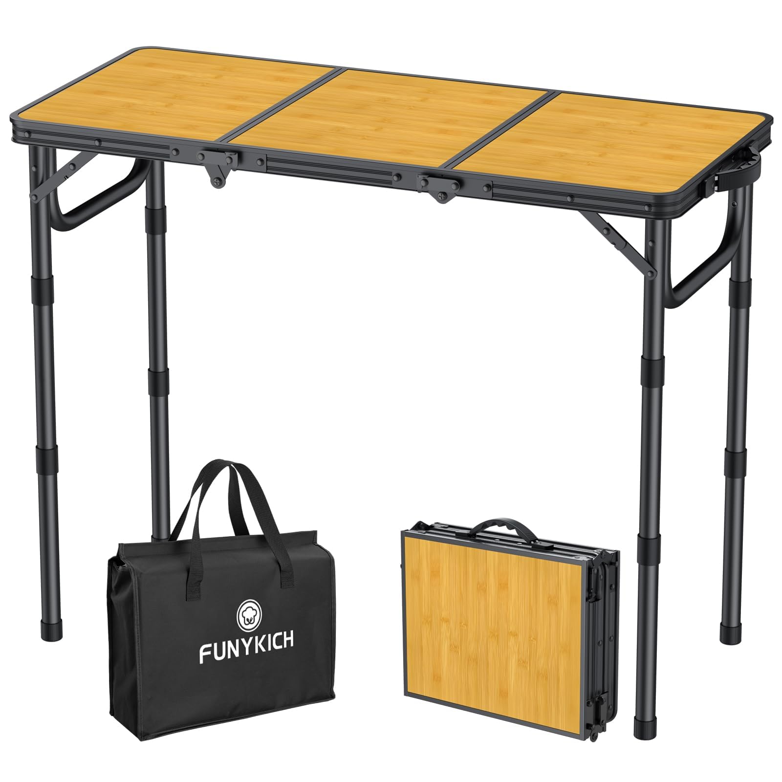 FUNYKICH Camping Folding Table(87x40cm) with 3 Adjustable Height, Portable Picnic Table, Lightweight Aluminum Outdoor Tables with Carry Handle for Camping, Picnic, Backyard, BBQ, Yellow