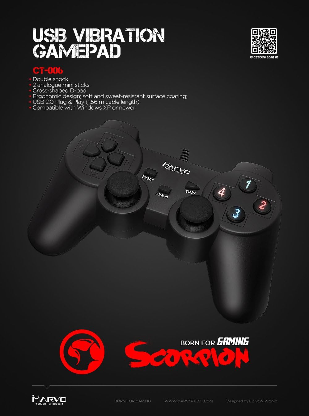 MARVO GT-006 USB Vibration Gamepad with features listed