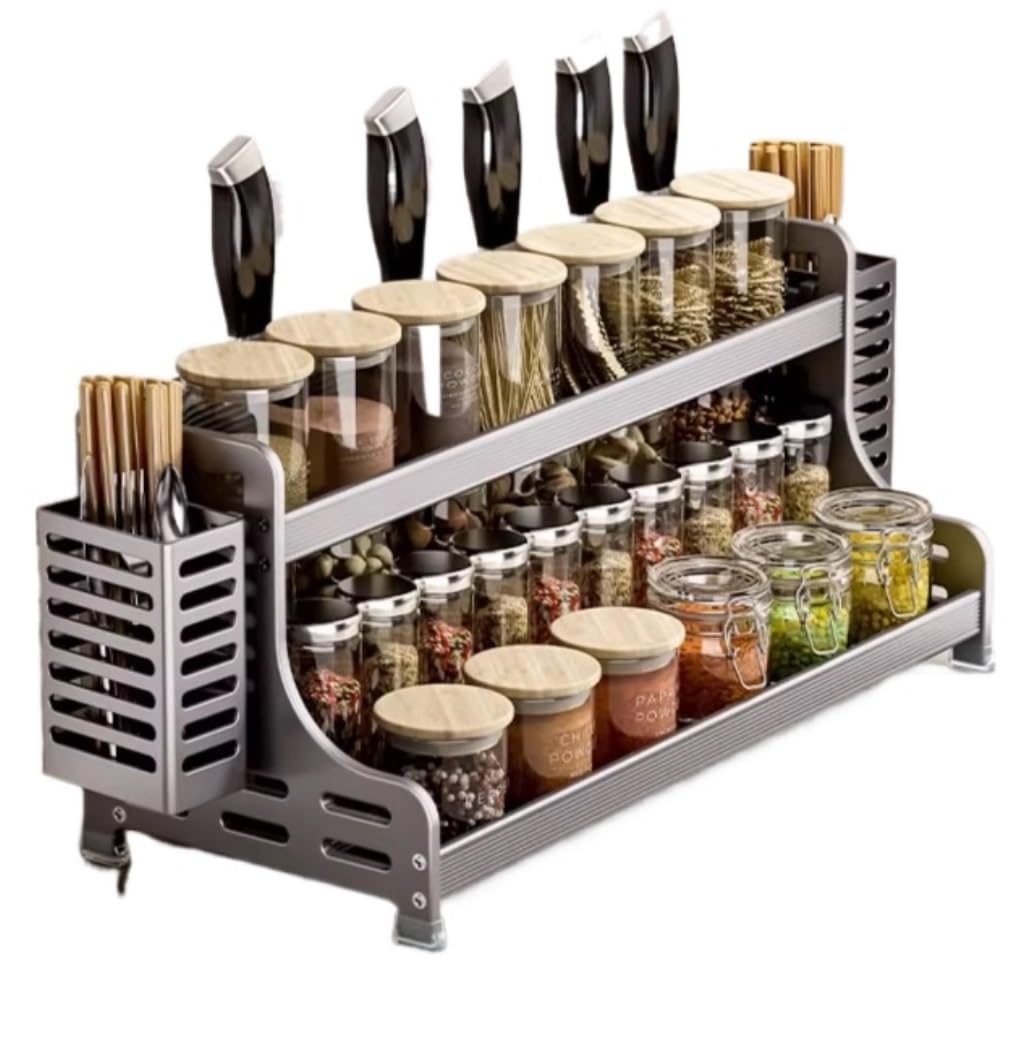 HADECOLL Spice Rack 2 Tier Metal Kitchen Rack Spice Organizer With Double Chopstick Holderstanding For Cabinet Kitchen Organiser