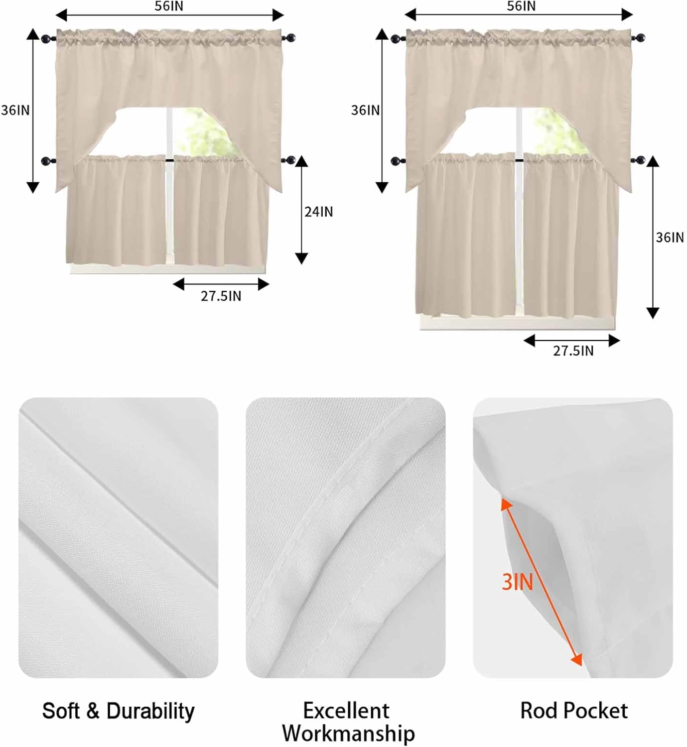 Beige Pure Color Swag Valance and Tier Curtains 36'' Length Set, Aesthetics Contemporary Modern Light Filtering Kitchen Curtains, Tier Curtain Valances for Bathroom/Living Room/Bedroom/Café
