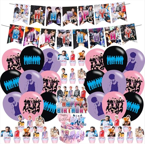 Stray Kids Merch 5 Star Birthday Party Decoration, Include Stray Kids Theme Party Banner, Cake Topper, Latex Balloons for Adult Fans Music Birthday Party