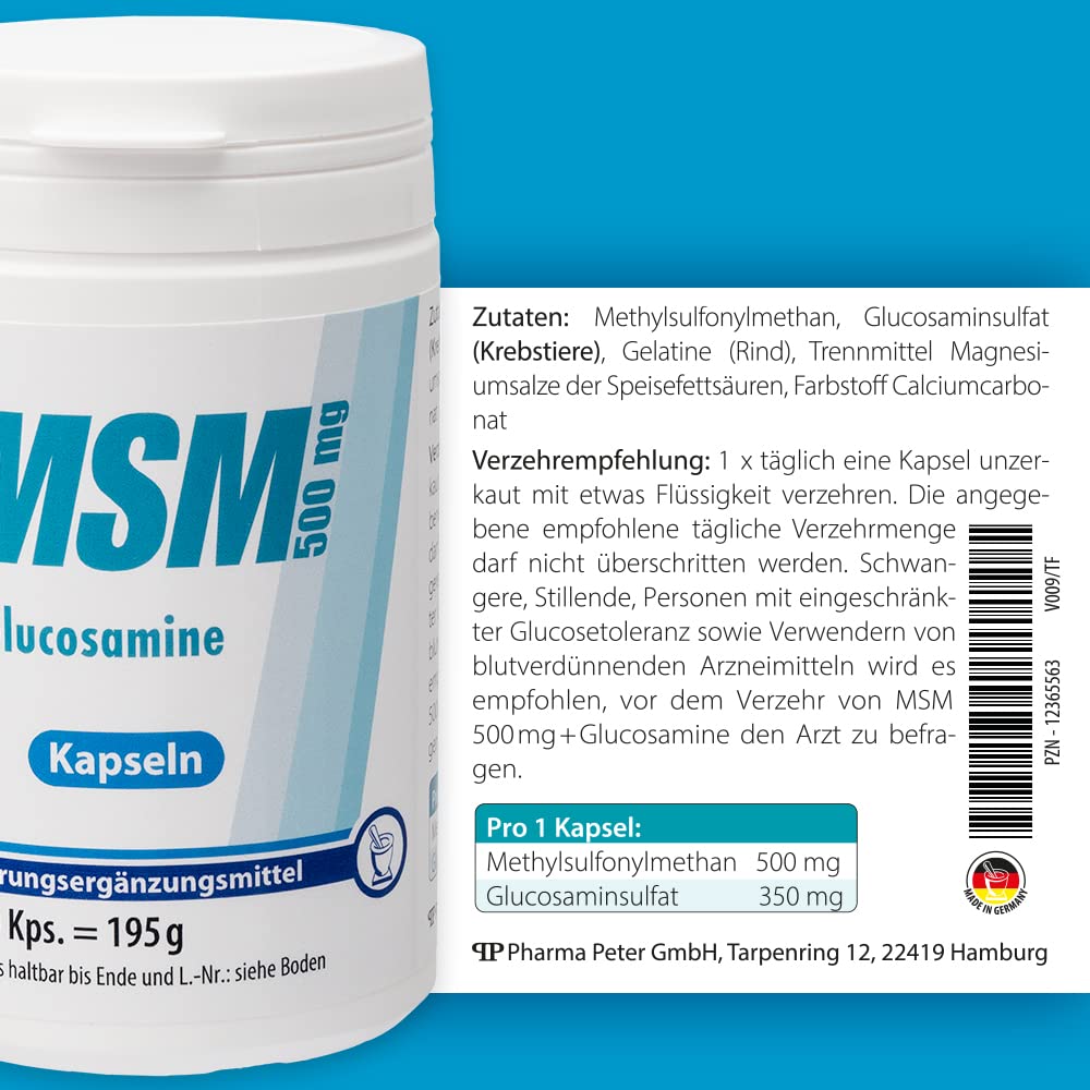 Pharma-Peter MSM 500 mg + Glucosamine - sanfte Wirksamkeit bei belasteten Gelenken - 180 Kapseln