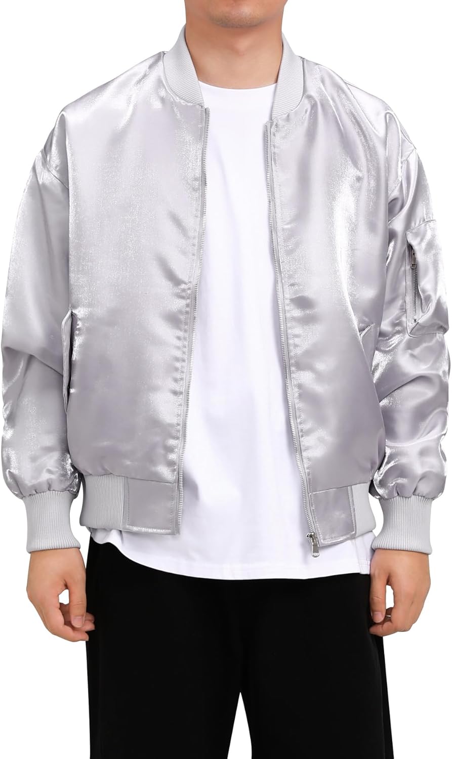 Men's Satin Bomber Jacket Full Zip Flight Coat with Sleeve Pocket