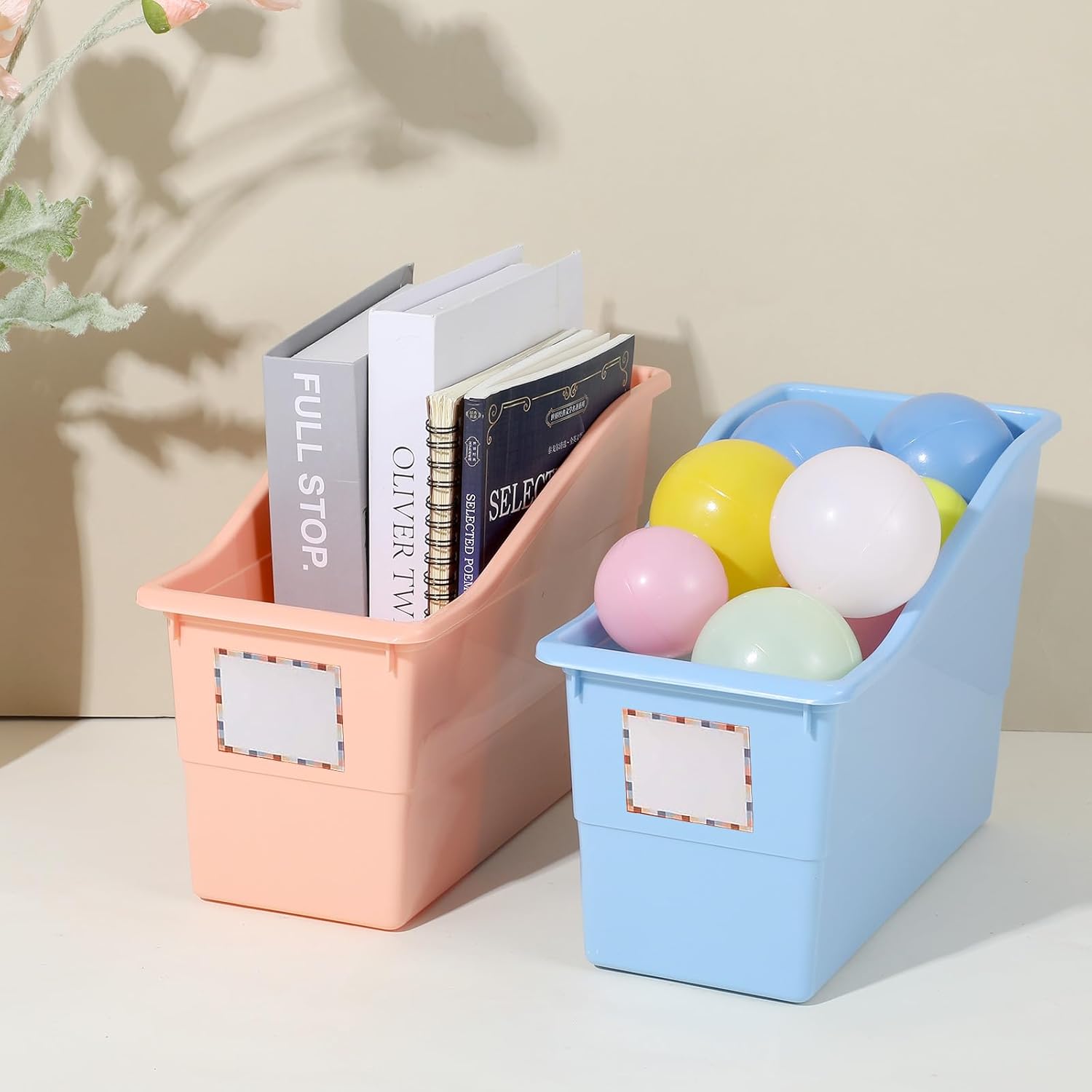 6-Pack Plastic Book Bins with Labels – Colorful Learning Places & Home Organizers for Books, Magazines, Files (10” x 4” x 7.5”, PVC, 6 Assorted Colors)