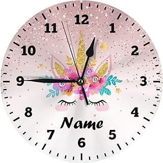 SUQINFA Custom Flower Unicorn Rose Pink Glitter Wall Clock for Kids Room, Personalized Kid Name Wall Clock Birthday Gift, Customized 10 inch Round Clock Children Room Decor for Boys Girls
