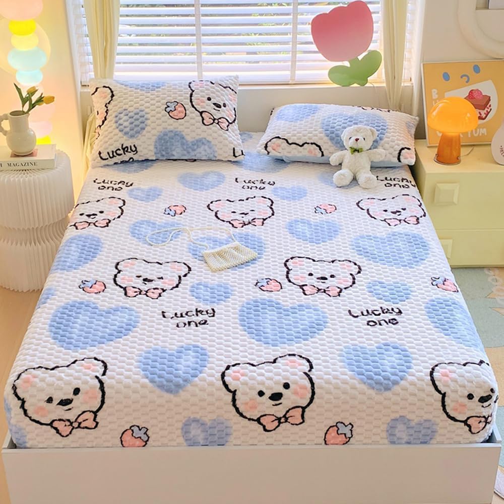 Milk Velvet Checkered Fitted Sheet Mattress Cover, Warm Thicken Mattress Protector Super Soft Bed Cover with Pillowcase Washable 15'' Deep Pocket Mattress Pad,A,King: 180x200cm — image 1