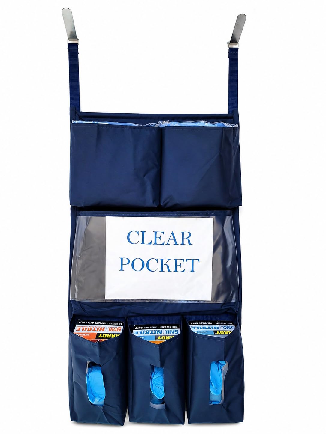 It's Sew EZ Personal Protection Equipment (PPE) Isolation Door Caddy - 6 Pockets - NFPA-701 Fire Retardant Nylon Oxford with Two Stainless Steel Hooks included (Navy, 6 pockets)