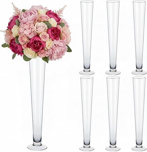 Amylove 6 Pcs Trumpet Glass Vase Bulk 24" Tall | Flower Glass Vase Decorative for Centerpieces, Flowers, Floating Candle Holder, Table Shelf Decoration, Wedding Home Decor