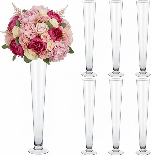 6 Pcs Trumpet Glass Vase Bulk 24" Tall, Flower Glass