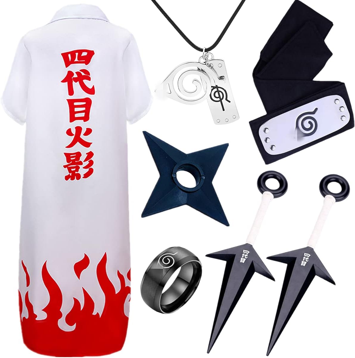 SUSICH Anime Cape Cosplay Shippuden Konoha Bandai Namikaze Minato Víspera de Todos los Santos Carnaval Ropa Minato Kunai Venda Collar y Anillo Accesorios Adulto Niño Unisexo Disfraz Set