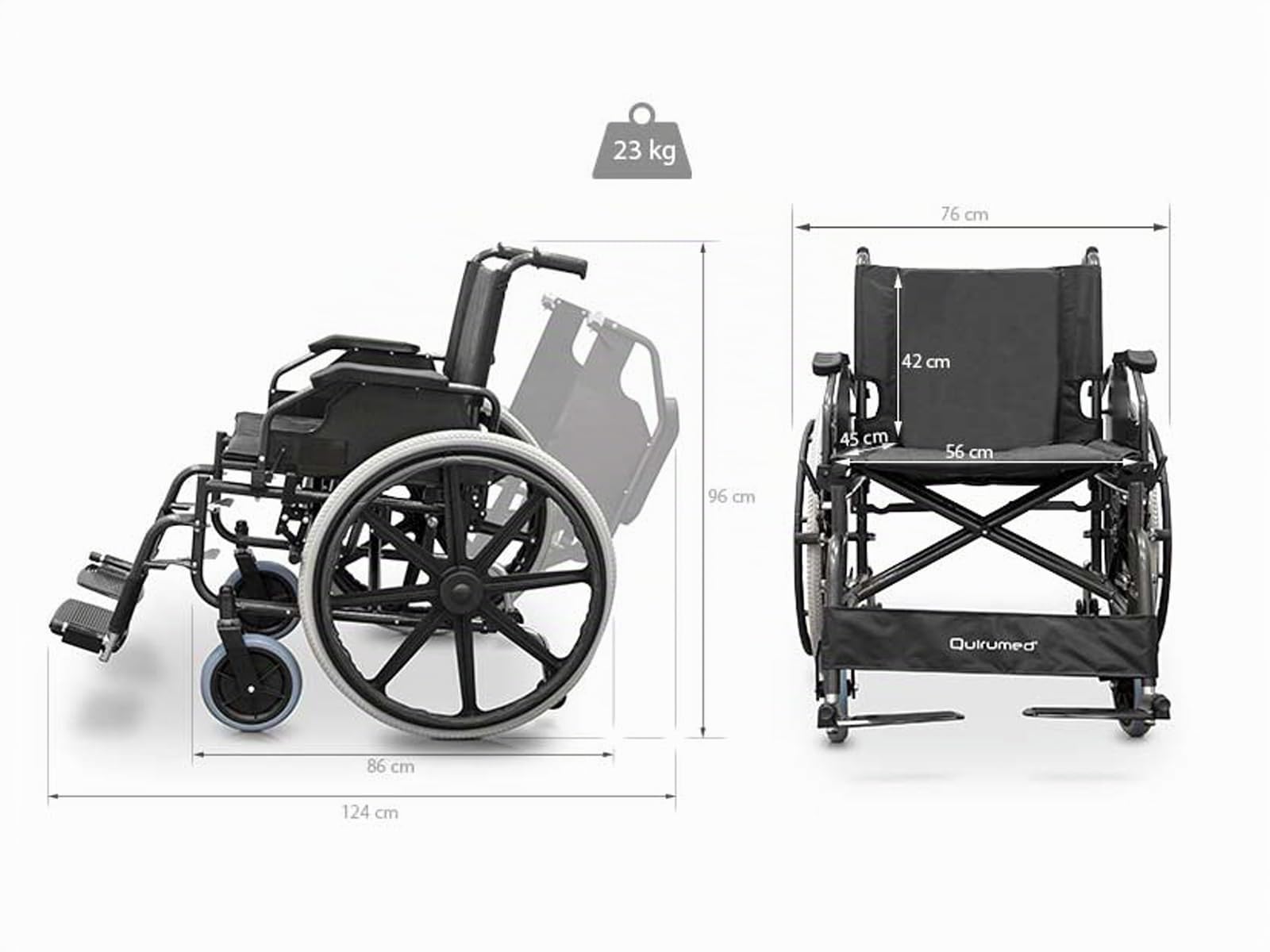 QUIRUMED Sedia a rotelle QUIRUMED, LARGHEZZA SPECIALE 56 CM UTILE, pieghevole, Acciaio, Imbottitura rimovibile, Seduta ampia, Ripiegabile facilmente, Braccioli rimovibili, Per anziani, Per disabili