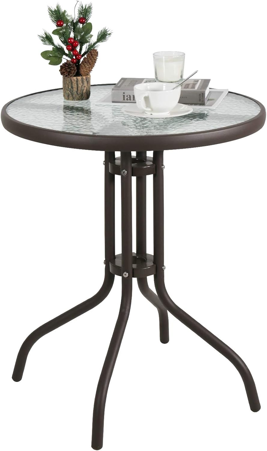 24" Patio Dining Table Round Bistro Table Outdoor Furniture Garden Table with Frame Tempered Glass Top for Backyard Lawn Balcony Pool, Black : Patio, Lawn & Garden