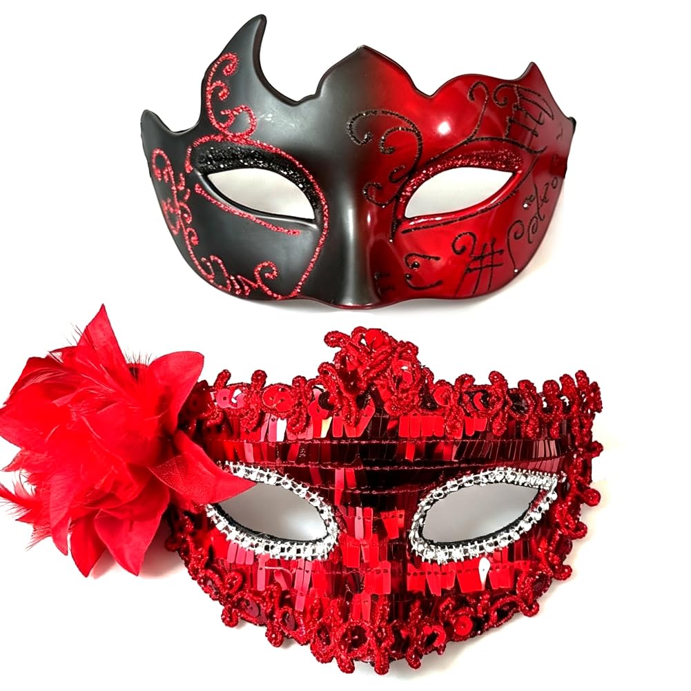 HATFRYF Couple Masquerade Masks, Feather Lace Venetian Party Mask, Halloween Costume Carnival Mask for Couples Women and Men - 2pcs/Red — image 1