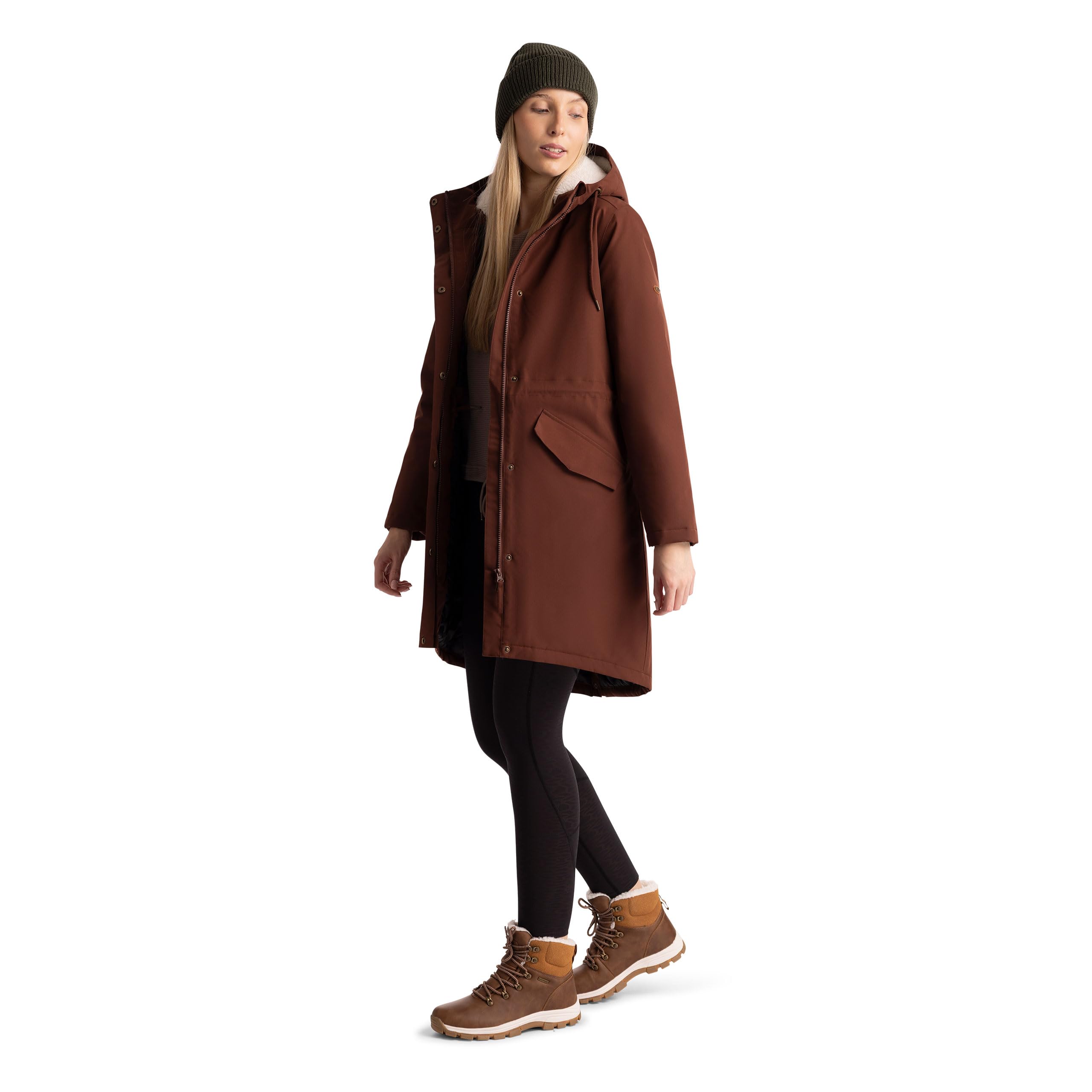 Trespass Womens Rainwear Jacket Vailsom - Waterproof 5000mm, Windproof, Taped Seams, Soft Touch Outershell, Quilted & Furry Fleece Lining, Adjustable Hood & Waist, Multiple Pockets, Longer Length