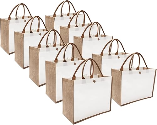 Miniatura 8 de kaxilu Bolsa de yute blanca de arpillera de 14.5 x 10.7 x 6.5 pulgadas, 6 bolsas frontales de lona, decoración práctica, bolso retro de mano, boda