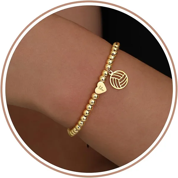 Volleyball Stuff, Volleyball Gifts Initial Bracelet Adjustable Letter A-Z Gold Beaded Bracelets for Women Heart Link Stocking Stuffers Mothers Day Gift Basket Christmas Graduation Jewelry