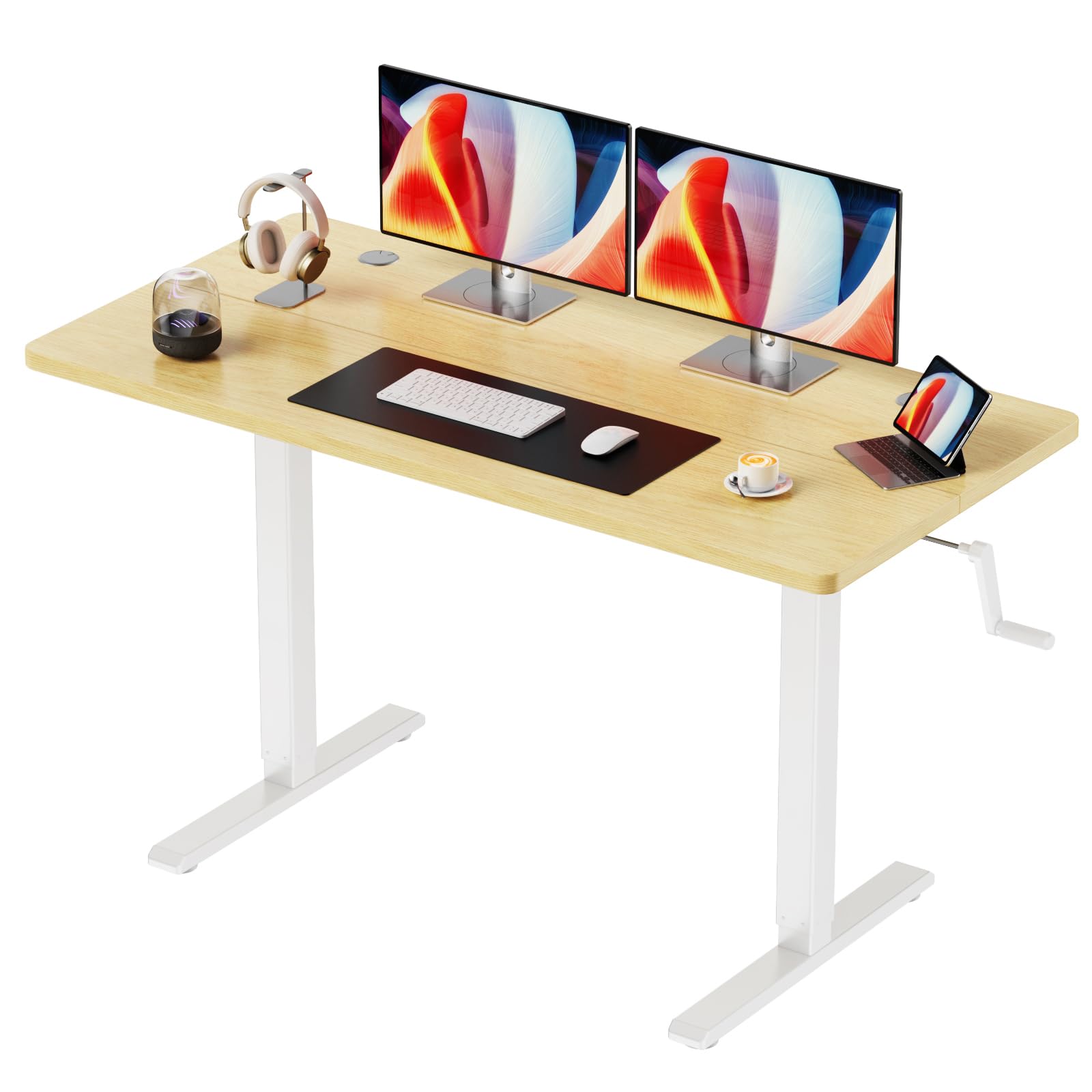 Escritorio Elevable 120 x 60 cm, Mesa Regulable Altura Manual Color Roble, Aglomerado Que Repele Los Arañazos y La Suciedad, Estructura de Metal Engrosado de Acero al Carbono