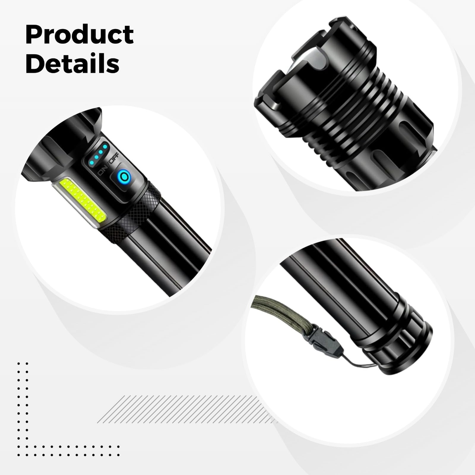 Latarka taktyczna LED, 4000 lumenów, wysoka ładowalna latarka, lampa robocza Cob, IPX6, możliwość powiększenia, bateria 10000 mAh, szybkie ładowanie USB-C, idealna do wędrówek, biwakowania, na