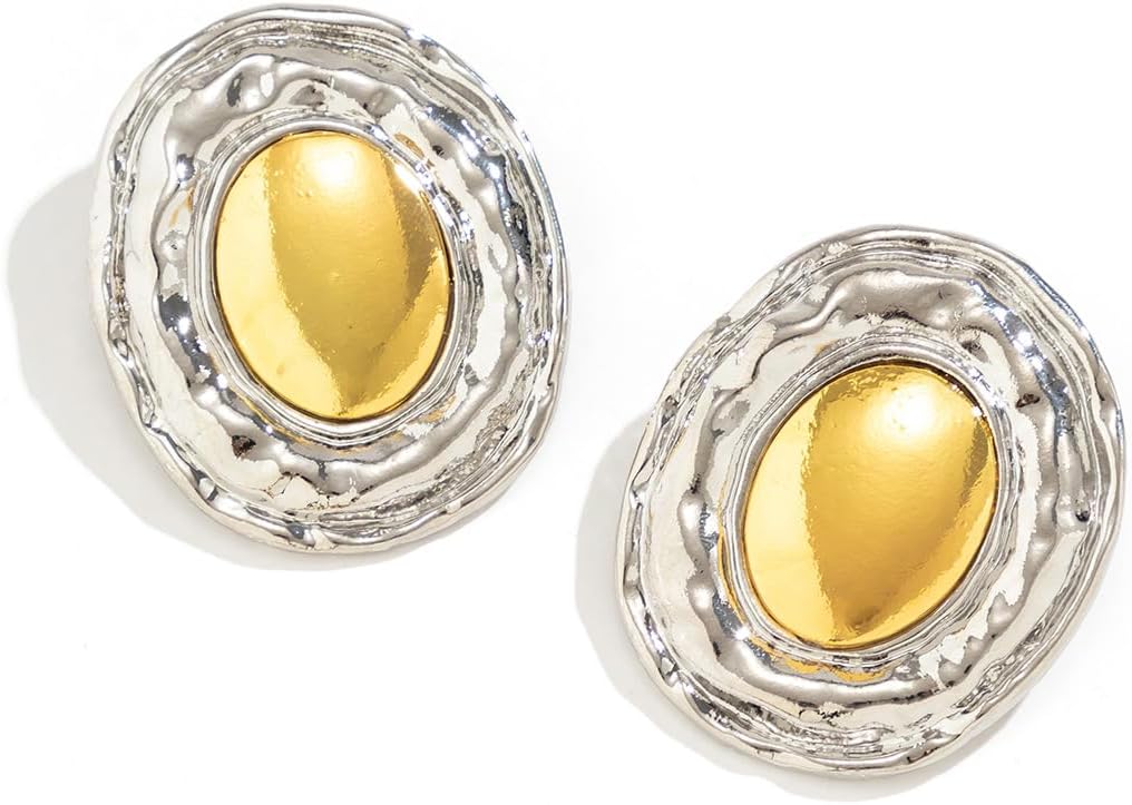 Jumwrit Dainty Chunky Earrings Statement Textured Thick Geometry Round Oval Stud Earrings Fashion Large Earrings Jewelry for Women Girls Silver image 4 of 5 B0CNSYM8BK