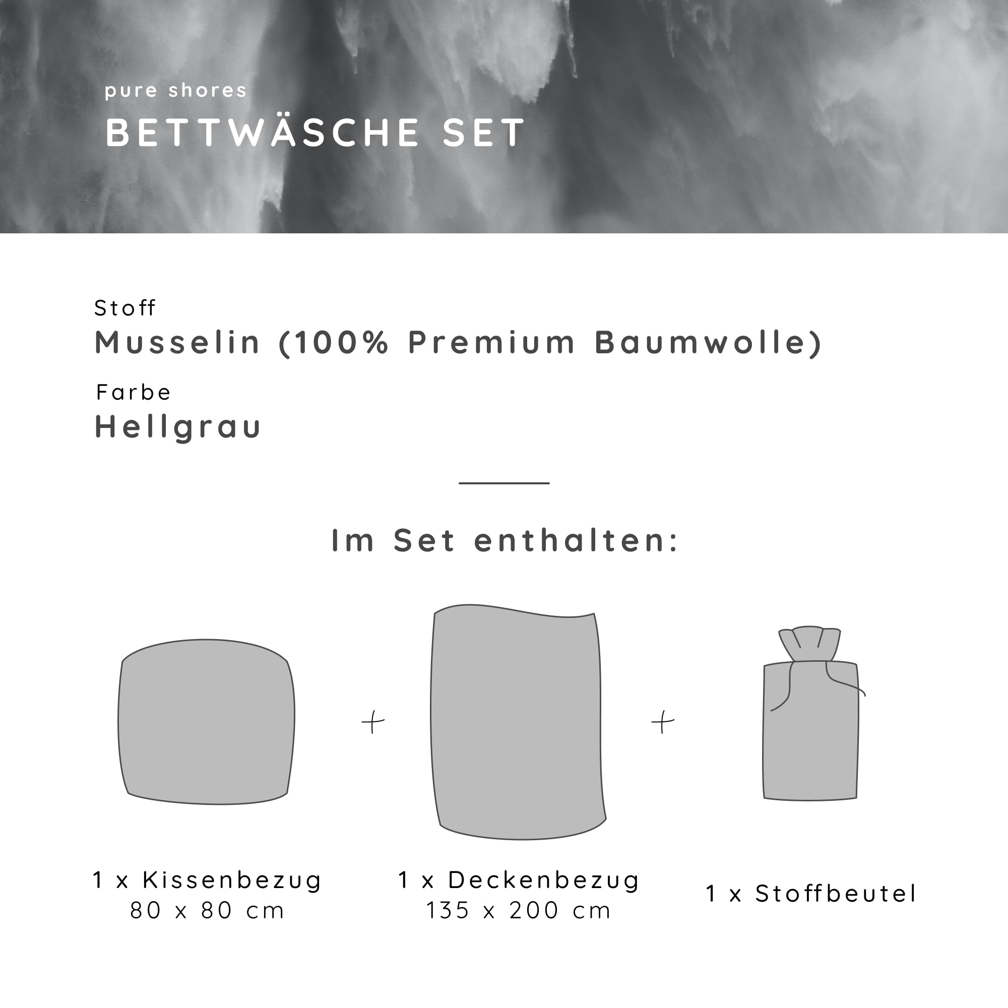 pure shores - Musselin Bettwäsche 135x200 | Bettwäsche 135x200 Baumwolle | Bettwäsche-Sets | 100% Baumwolle mit OEKOTEX | Reißverschluss | Bettwaren | Bedding Set | 1 Kissen | Hellgrau