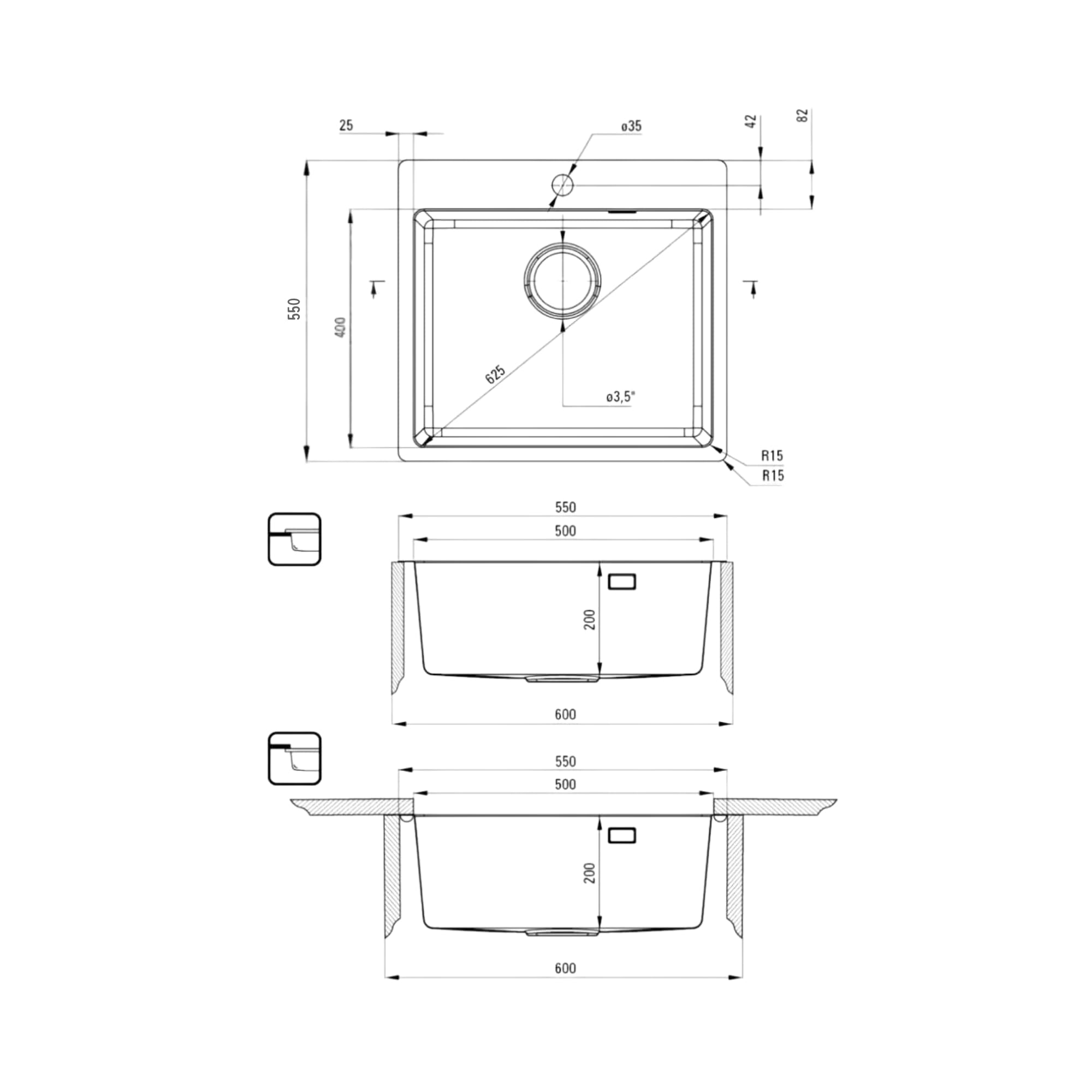Faizee Home | Edelstahlspüle 50 × 55 cm Silber – Moderne eckige Küchenspüle aus Edelstahl inkl. Siphon-Set | Hochwertige Einbauspüle für Unterschränke ab 45 cm