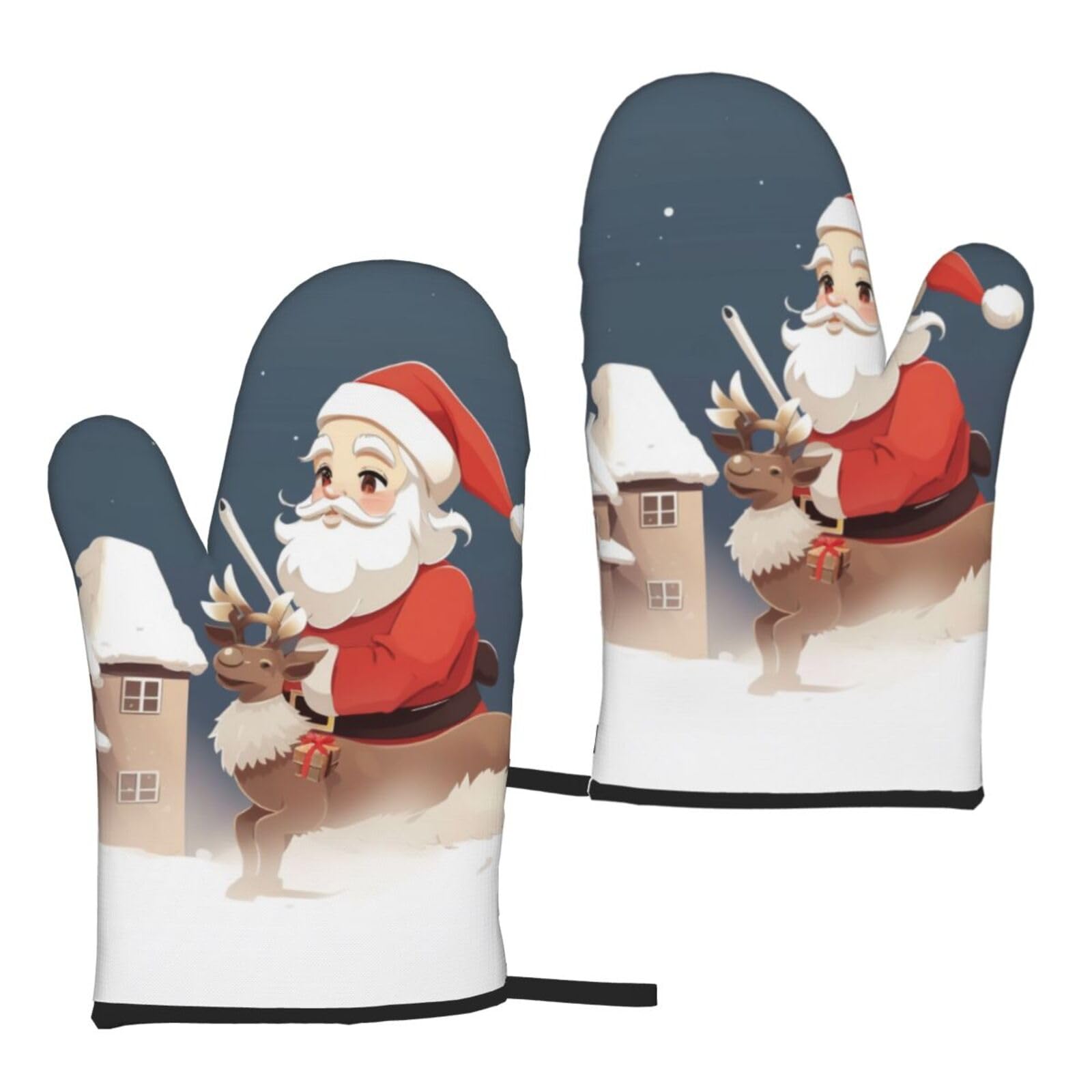 Santa Claus prin Printed Oven Mitts Sets 2 PCS Heat Resistant and Non-Slip Glove Potholder for Kitchen Cooking Baking Grilling