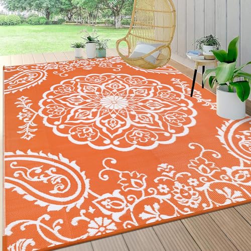 Pauwer Waterproof Outdoor Rug 6x9 Reversible Plastic Straw Patio Camping Rug Indoor Outdoor RV Mat Carpet for Deck Camper Porch Balcony Backyard Picnic Boho Orange