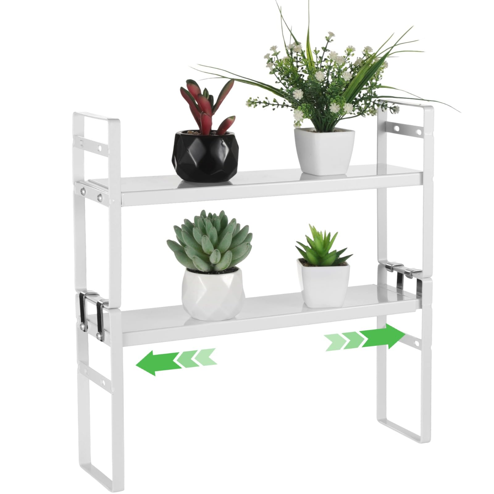 SWEWARM Window Sill Plant Shelf, 2-Tier Expandable Metal Rack 13.6-23.6 in, Adjustable Height Over Sink Organizer, Narrow Countertop Storage Stand for Plants, Spices and Mugs, White