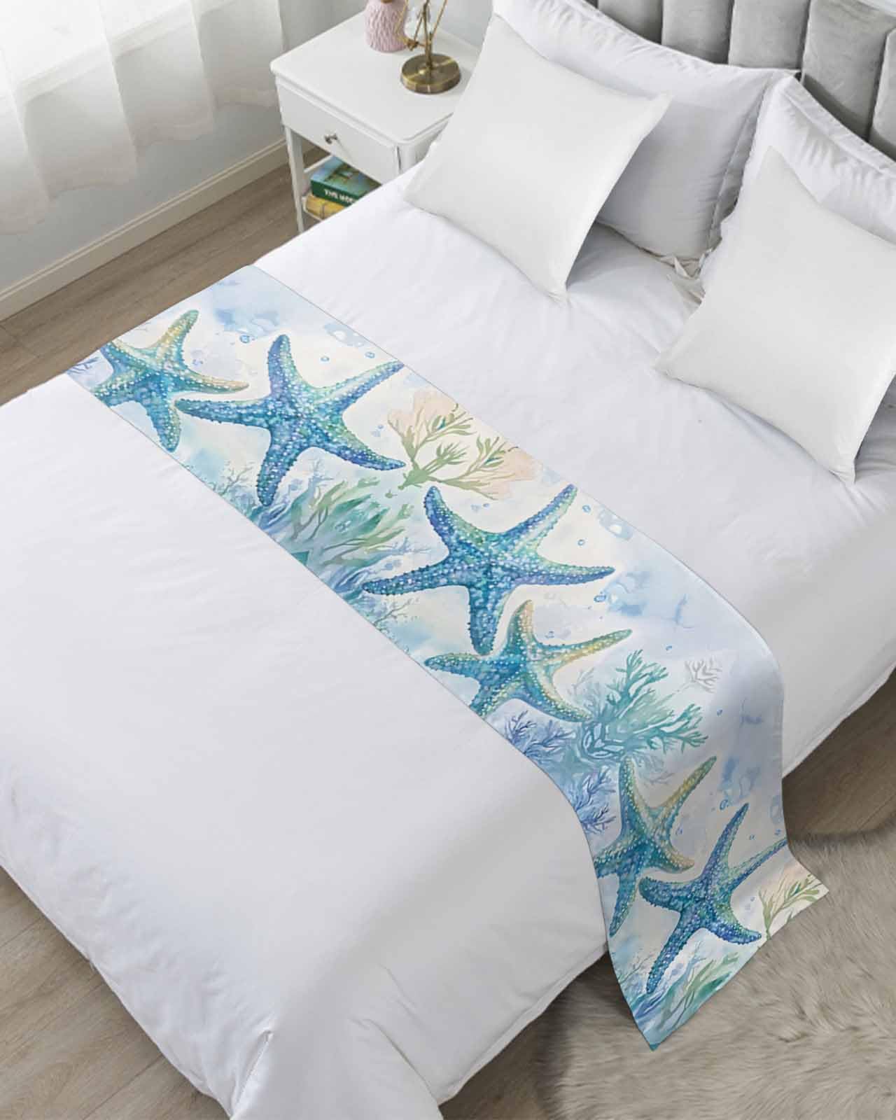 DecorLovee Teal Blue Summer Coastal Bed Runners for Queen Size Bed, Decorative Bed Throws for Foot of Bed, Ocean Watercolor Coral Starfish Bed Runner Sofa Throw Bedding Scarf Protector for Bedroom