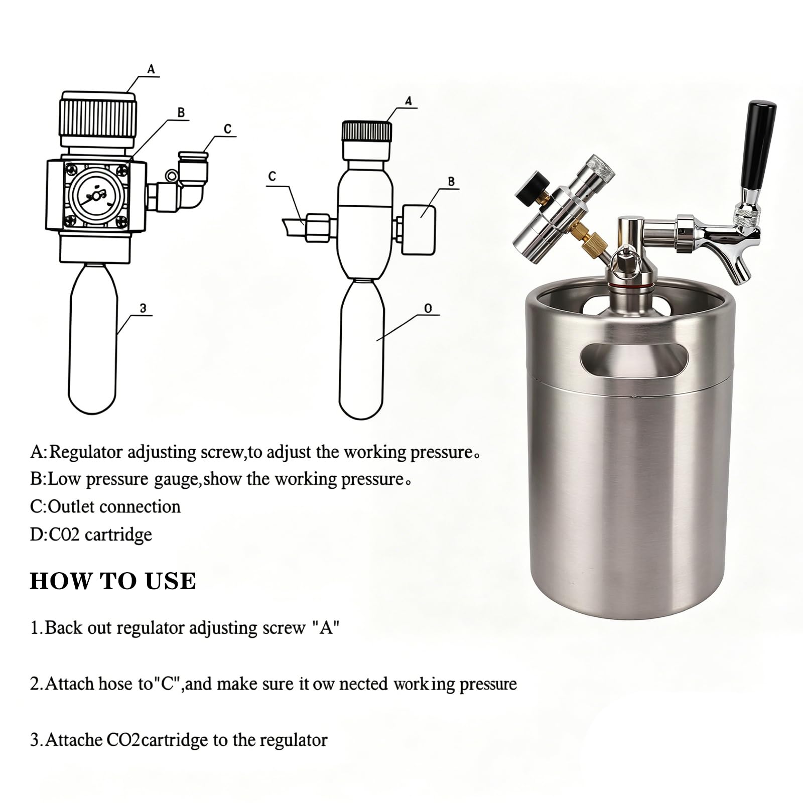 Mini Edelstahlfass 5L Bierzapfanlage Automatische Fass Growler mit Wasserhahn Bierausgabe 150PSI Manometer Heimfass Druckfass Kit