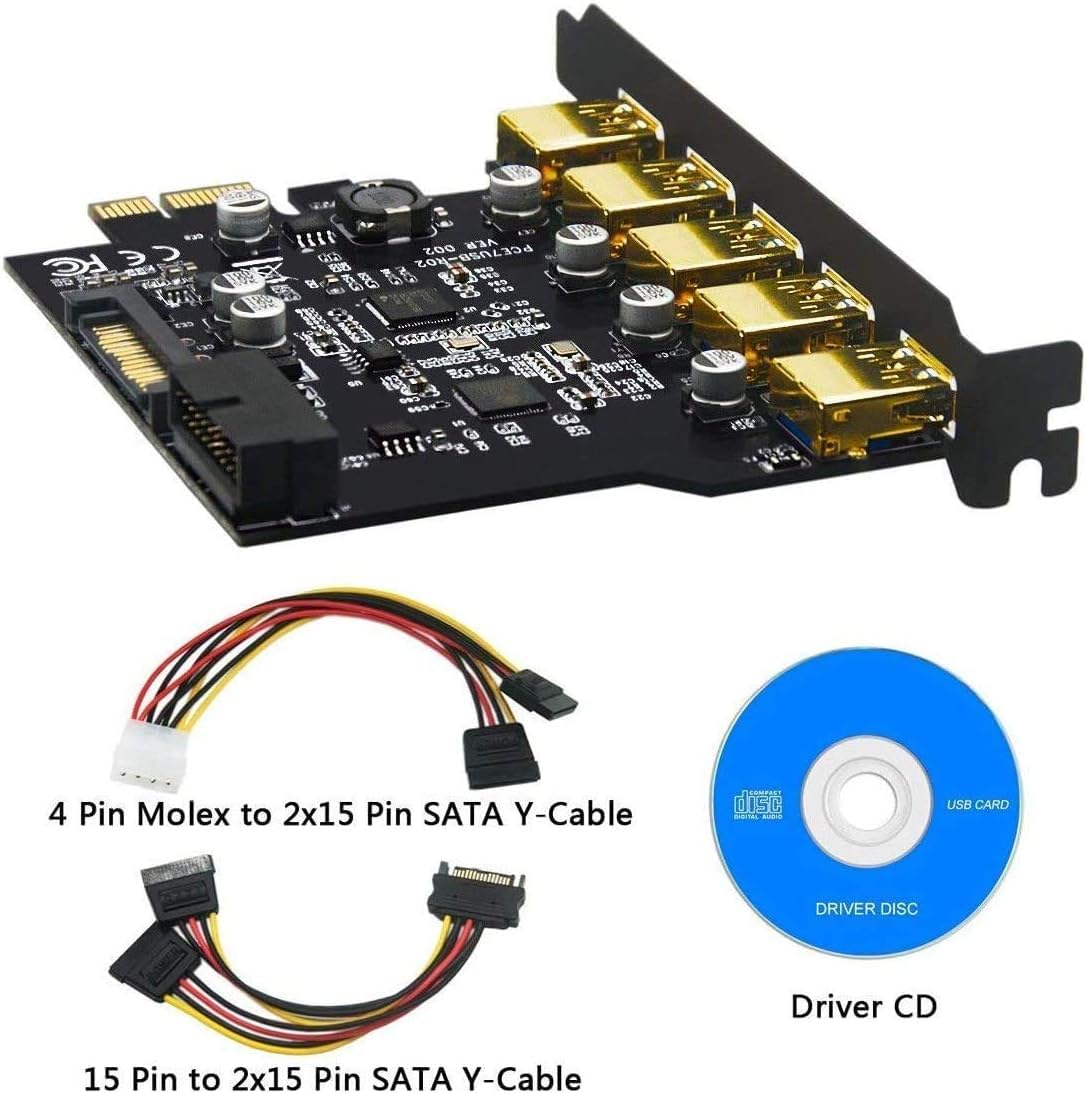 YABOANG USB 3.0 PCI-E Card,USB 3.2 Gen1PCI Express 5-Ports Card Bandwidth up to 5 Gbps, Extension of 5 USB 3.0 Ports Front Panel for Desktop PC Win 10/8/8.1/7/XP