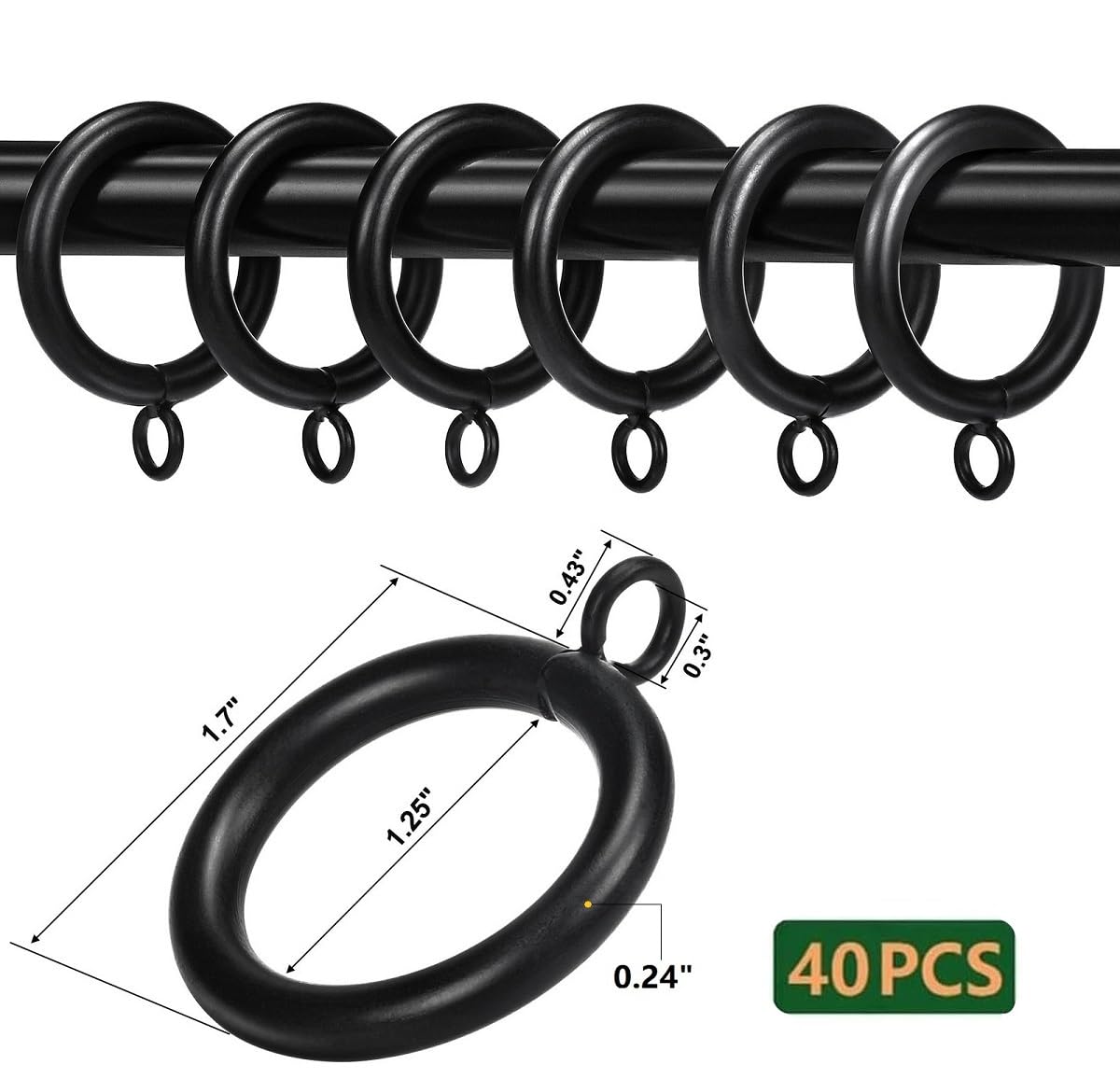 Thick Metal Curtain Rings, 1.25-Inch Inner Diameter, 0.24-Inch Wire Diameter,Fit up 1.1-inch Rods (Black-40pcs)