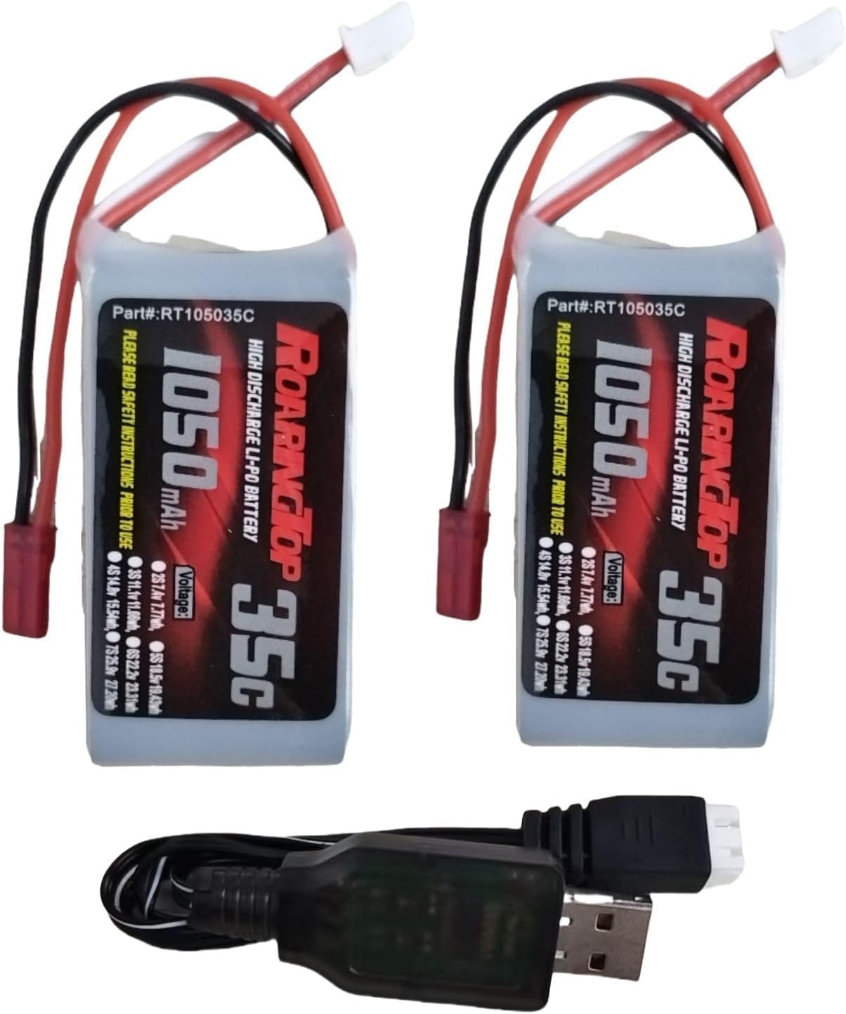 Roaringtop Batterie Lipo 2S 1050mAh 7.4V Burst 40C avec Prise JST Rechargeable RC 7.4V Lipo Batterie pour RC Voiture A949, A959 ou 1/18 échelle RC Camion de Voiture avec 1 Chargeur USB（2 PCS）
