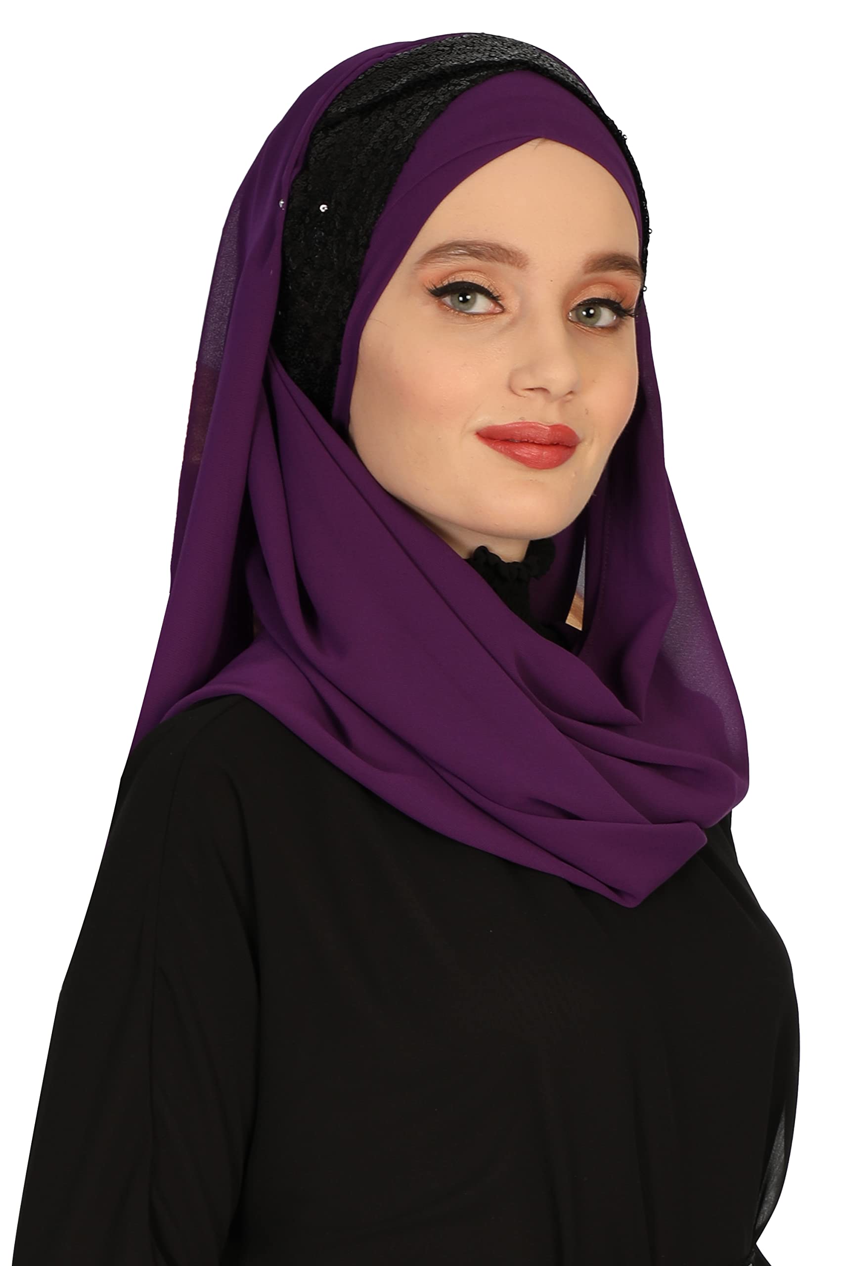 Aisha's DesignChiffon Shawl for Women Chiffon Modesty Instant Turban Cap Hat Head Wrap Elegant Stylish Scarf with Sequined Band