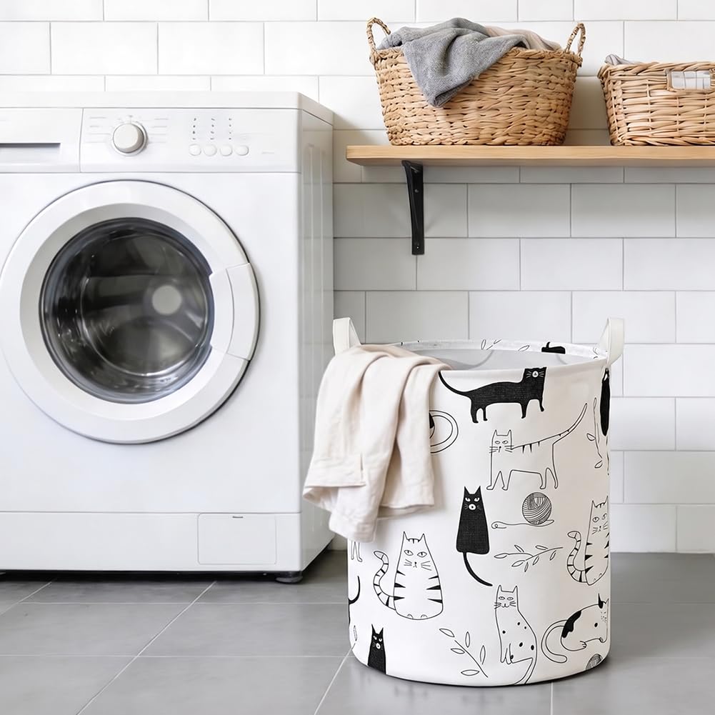 AUAUY Cesta Plegable Colada, 40 * 50CM, Cubo Grande Ropa con Asas, Impermeable Sucia Ligero Cilíndrica, Organizador de Dormitorios, Salas Estar, Baño de Ropa, Sábanas y Juguetes (Gato de Lana)