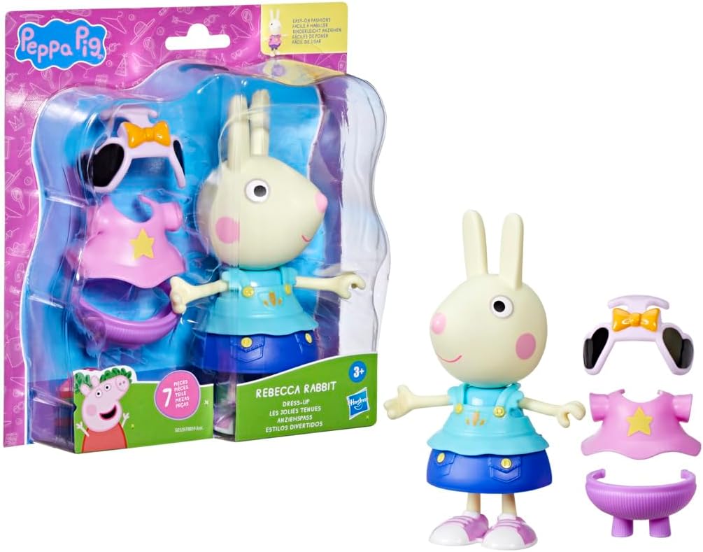 Peppa Pig Rebecca Rabbit Dress-Up Figure, 15 cm Doll with 6 Fashion Accessories, Mix and Match Outfits for Day and Night, Toys for Children Ages 3+, Creative Role Playing Present For Girls & Boys