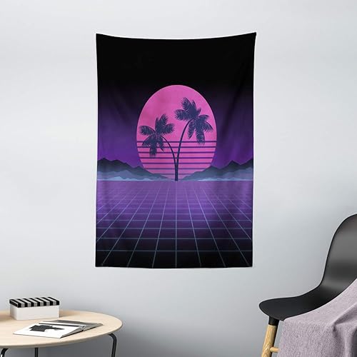 Miniatura 2 de Ambesonne Synthwave Tapestry, Retro Artwork Design of Striped Pinkish Moon Exotic Palms and Mountains, Wall Hanging for Bedroom Living Room Dorm