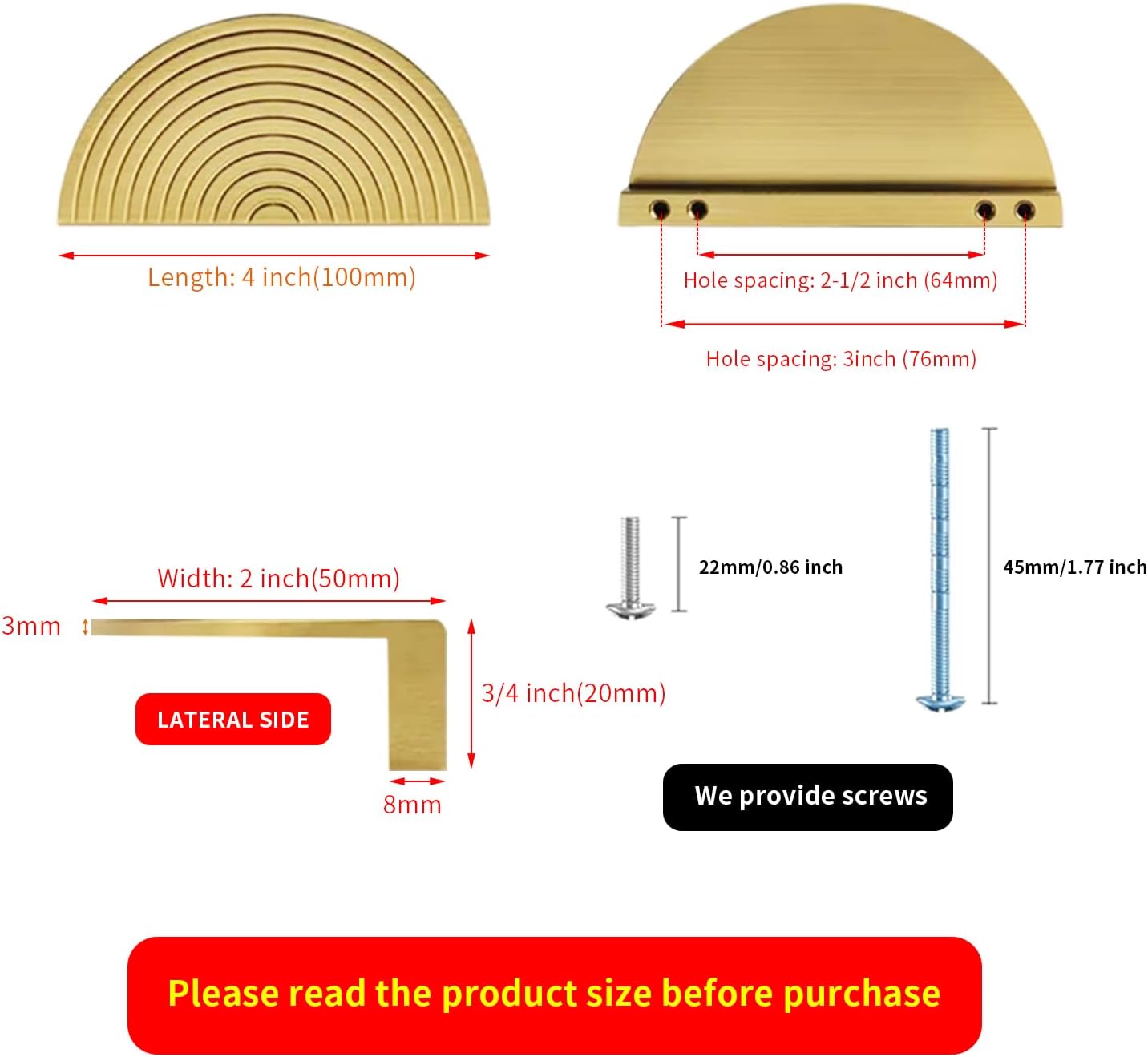 Gold Drawer pulls Brushed Brass Cabinet pulls Modern Gold Cabinet Handles Drawer Handles for Dresser Bathroom (4Pack-Lengths:4inch Semicircle)