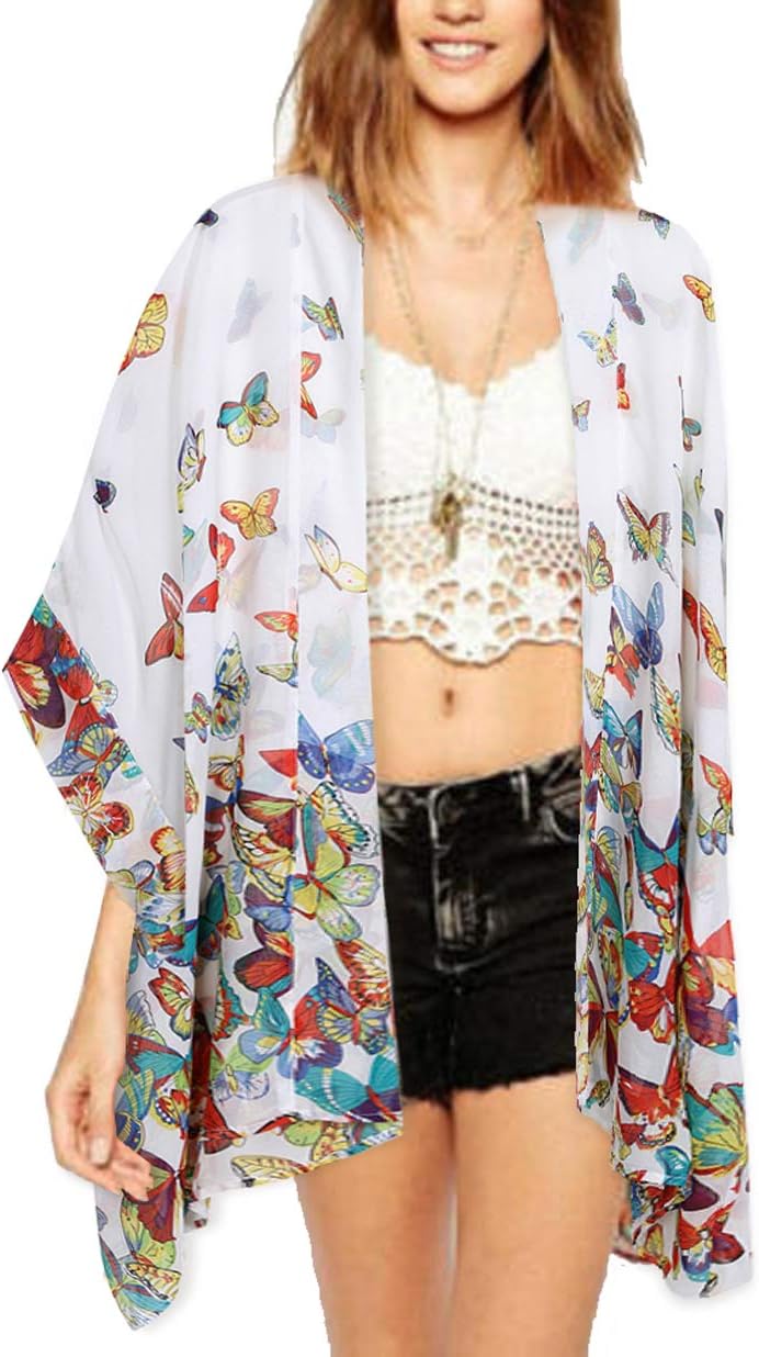 Women's Tops Loose Chiffon Kimono Cardigan Beach Swim Cover up Blouse