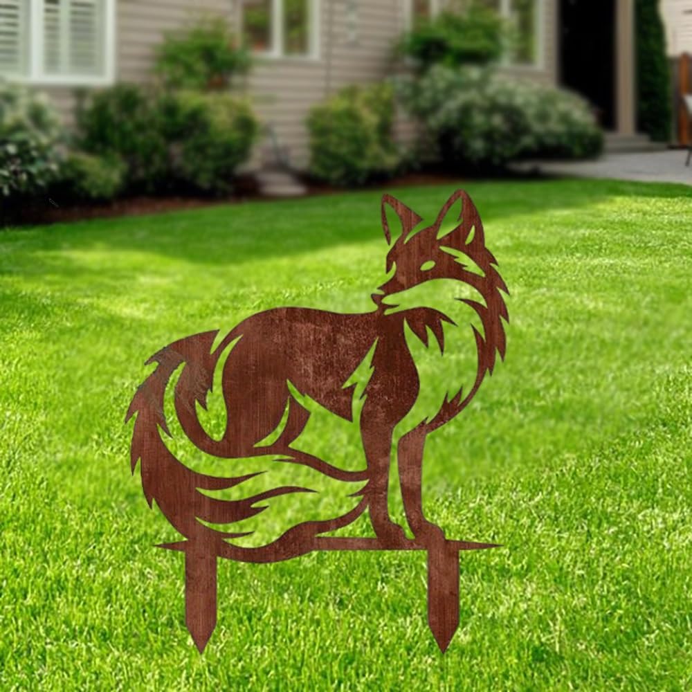 Jilip One Color Metal Fox Yard Decor, Fox Decorative Garden Stakes, Rusty Landing Statue For Outside, Animal Lawn Art Stakes