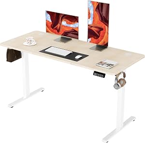 ERGOMAKER 55-inch Electric Standing Desk Adjustable Height, Electric Stand Up Computer Desk Ergonomic Sit Stand Desk with Computer Workstation(White Frame, White Walnut Desktop)