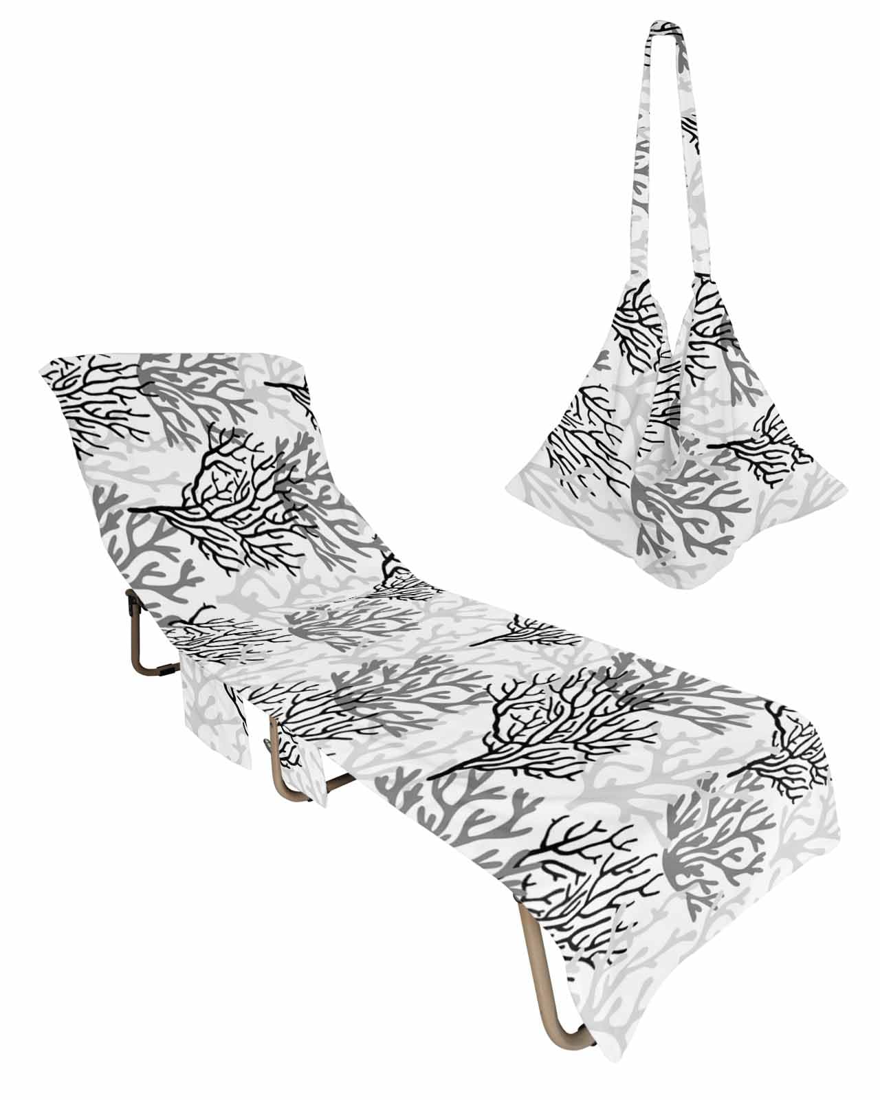 Black Gray Coral Coastal Beach Lounge Chair Towel Cover, Soft Chaise Lounge Towel with Side Pockets Patio Pool Chairs Cover for Beach/Pool Sunbathing 29x85 Summer Beach Seaside Nautical